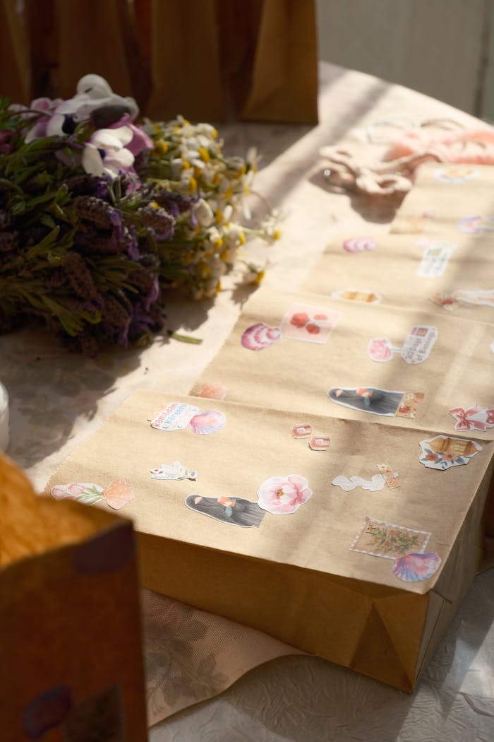 services-01 Aesthetic brown paper adorned with colorful stickers and soft lighting.